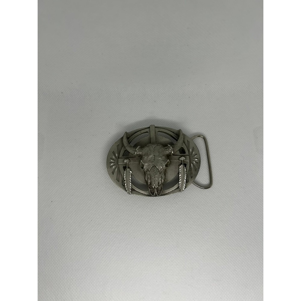 Vtg 1986 Siskiyou Buckle Co Steer Skull Feather Pewter Belt Buckle USA U-40 CD